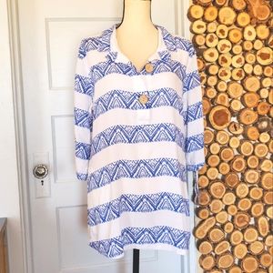 John Mark Blue and White Striped Linen Blend Oversized Popover Tunic Top Size M